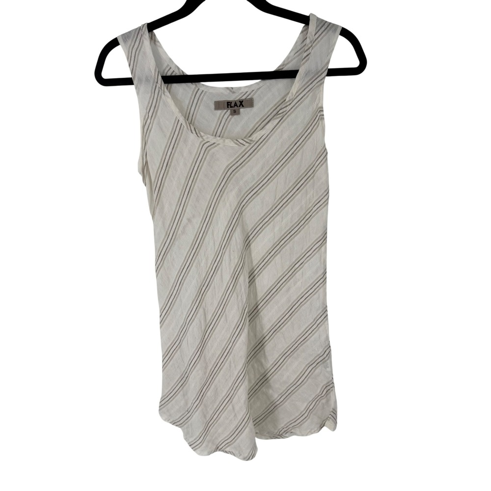 Flax Linen Tank Top Womens Small Cream Tan Striped Sleeveless Scoop